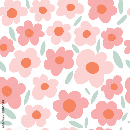 Seamless with daisy chamomile on white background vector illustration. Cute hand drawn floral pattern.	