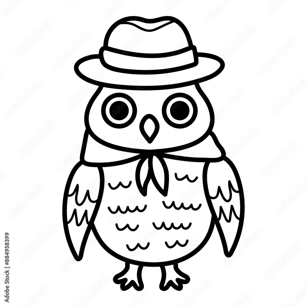 Obraz premium Cute line art owl in hat and scarf. Funny doodle owl character. Coloring book for kids. Nursery art style.