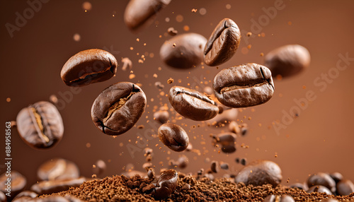 Roasted coffee beans falling on heap against brown background, closeup