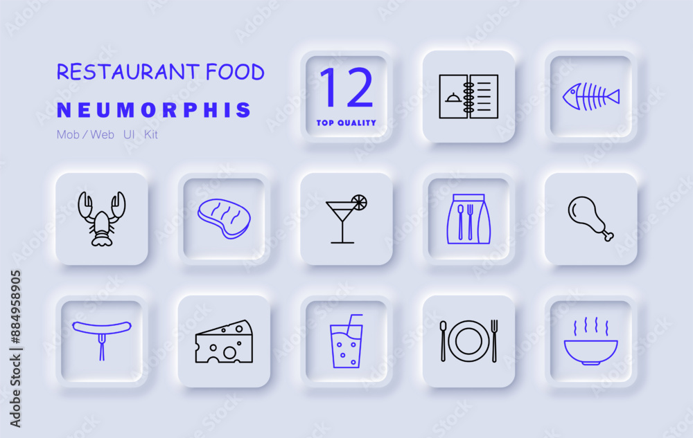 Restaurant food set icon. Menu, fish, lobster, steak, cocktail, cutlery, sausage, cheese, drink, plate, soup, gourmet. Restaurant food set icon. Menu, fish, lobster, steak, cocktail, cutlery, sausage, cheese, drink, plate, soup, gourmet.