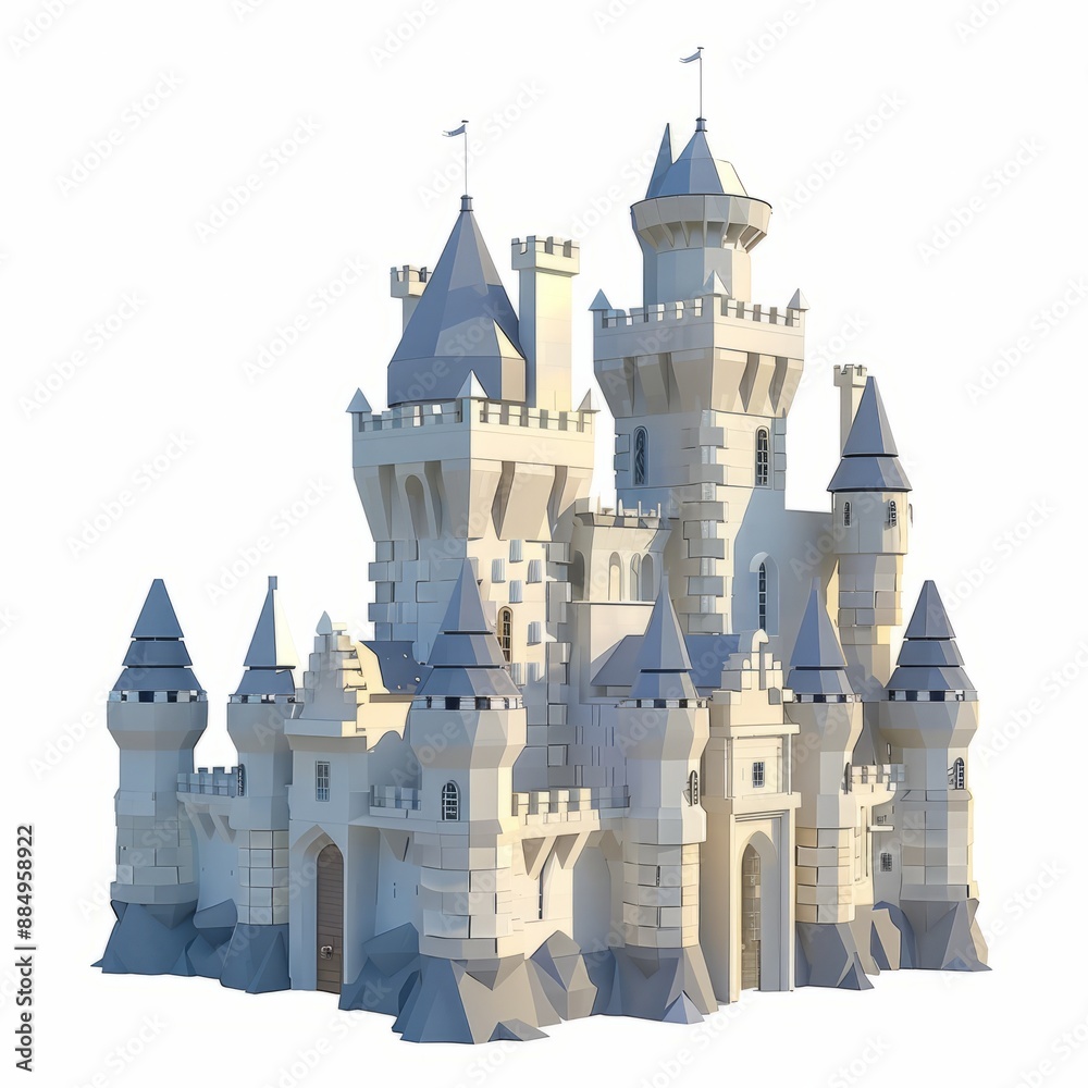 3D Render, Low Poly style of majestic castle with towering spires and battlements, on isolated white background, Generative AI 3D Render, Low Poly style of majestic castle with towering spires and battlements, on isolated white background, Generative AI