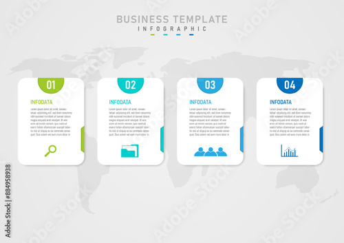Infographic template A white square with text in the center a multi-colored semicircle on top with numbers in the middle with multi-colored icons on the bottom. Map below with gray gradient background