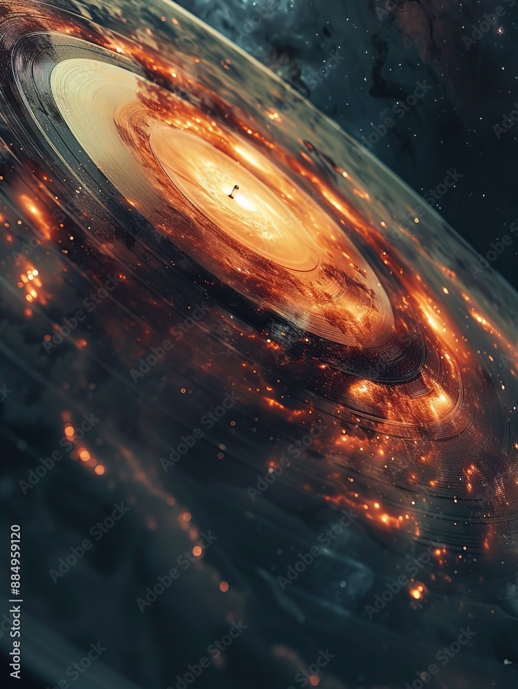 A stunning cosmic scene featuring a vibrant galaxy with swirling colors and stars, accompanied by floating vinyl records, merging music and space themes. A stunning cosmic scene featuring a vibrant galaxy with swirling colors and stars, accompanied by floating vinyl records, merging music and space themes.