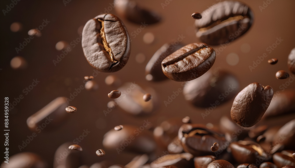 Roasted coffee beans falling on heap against brown background, closeup Roasted coffee beans falling on heap against brown background, closeup