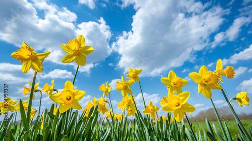 Close up of yellow daffodil flowers blooming in spring Bokeh sunny background, Spring landscape concept,A field of yellow and white flowers with a blue sky in the background