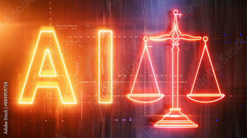 Glowing neon sign depicting artificial intelligence and justice scales, symbolizing AI ethics and legal considerations. photo