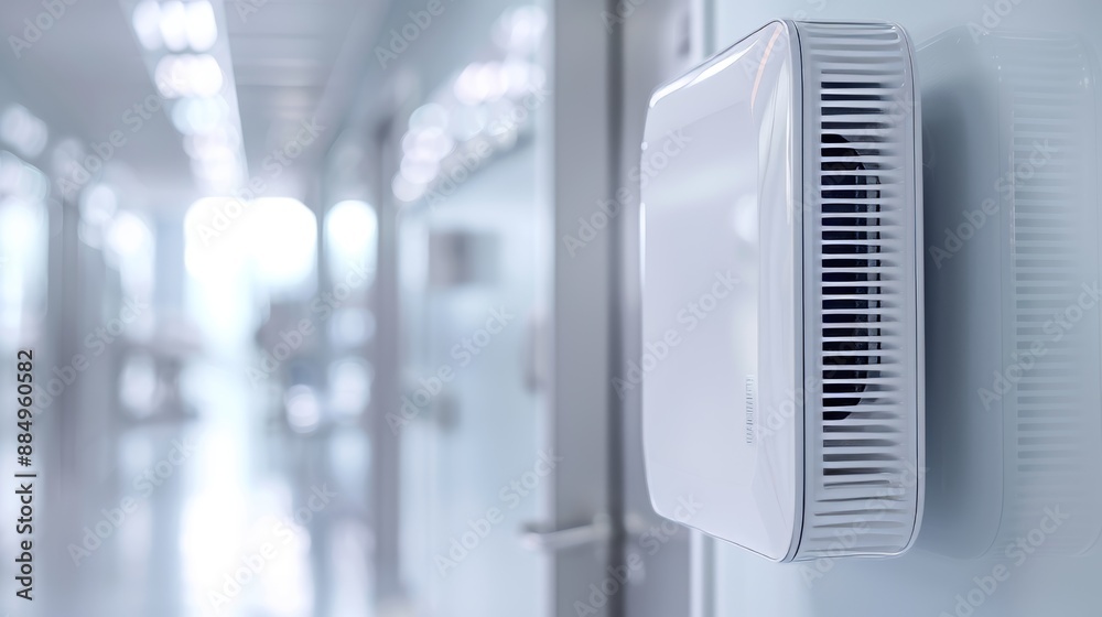 Innovative air purification system in a hospital setting, ensuring clean and safe air for patients and staff, emphasizing protection and health Innovative air purification system in a hospital setting, ensuring clean and safe air for patients and staff, emphasizing protection and health
