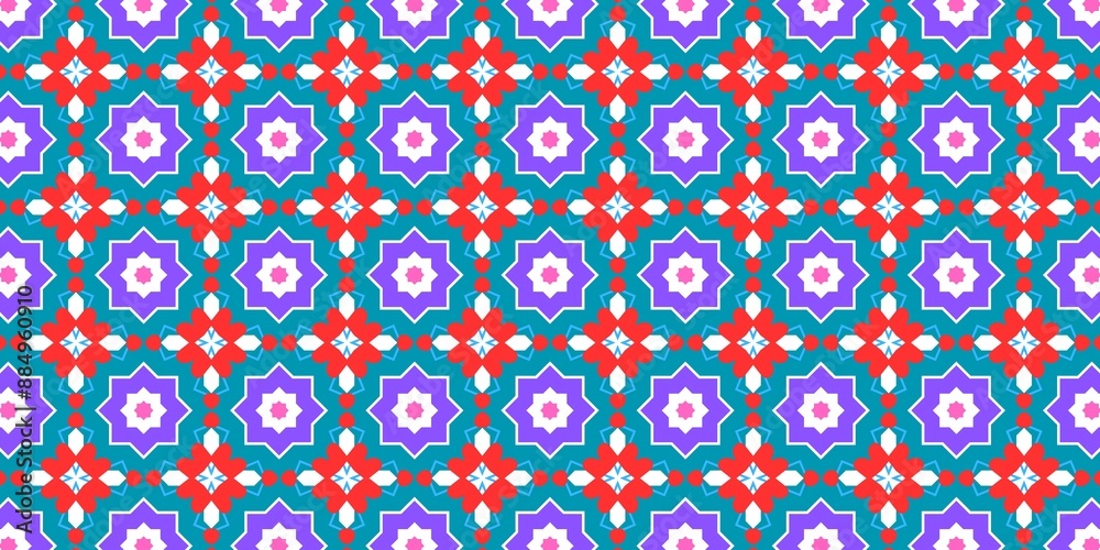 A seamless blue geometric pattern with floral and ornamental circles, perfect for wallpaper or fabric design