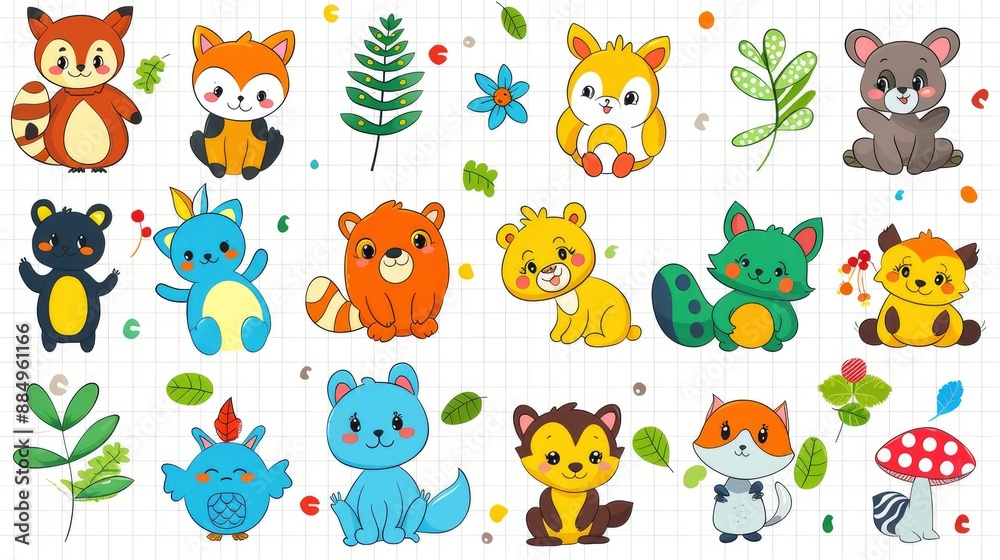Obraz premium Cute cartoon forest creatures pattern, with colorful icons of animals and plants scattered, lined in a white grid, reminiscent of a nature journal