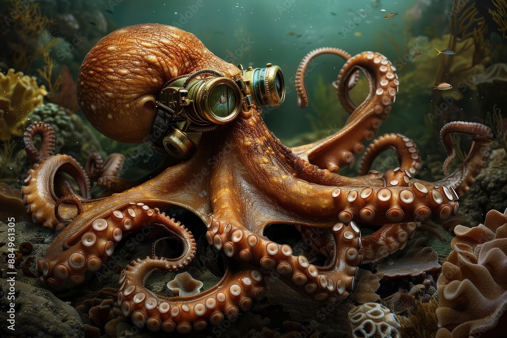 Fototapeta premium A steampunk octopus piloting a submarine, representing the fusion of nature and technology.