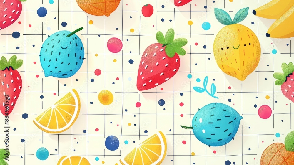 Cute cartoon harvest festival pattern, with colorful icons of crops and baskets scattered, lined in a white grid, reminiscent of a harvest celebration Cute cartoon harvest festival pattern, with colorful icons of crops and baskets scattered, lined in a white grid, reminiscent of a harvest celebration