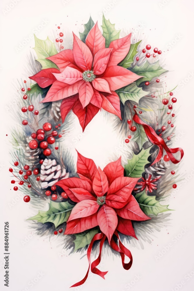 Christmas wreath of leaves, berries, flowers and red flowers on a white background. Christmas wreath of leaves, berries, flowers and red flowers on a white background.