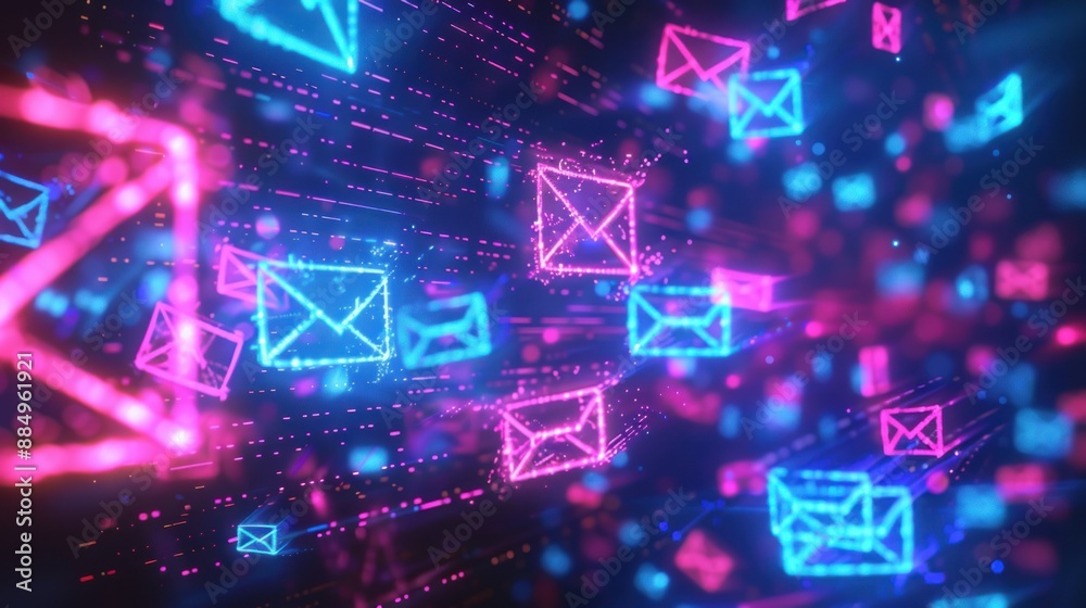 Digital Mailboxes: Neon Email Icons Flowing Through a Cyberspace Digital Mailboxes: Neon Email Icons Flowing Through a Cyberspace