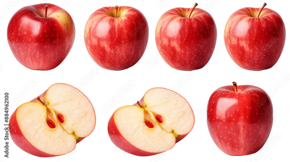 Various red apple views including sliced, halved, and whole from multiple angles isolated on transparent background, perfect for cutout PNG images Various red apple views including sliced, halved, and whole from multiple angles isolated on transparent background, perfect for cutout PNG images