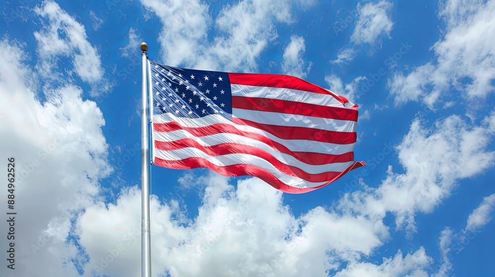 Weathered American Flag Waving Bright Patriotic Sky Weathered American Flag Waving Bright Patriotic Sky