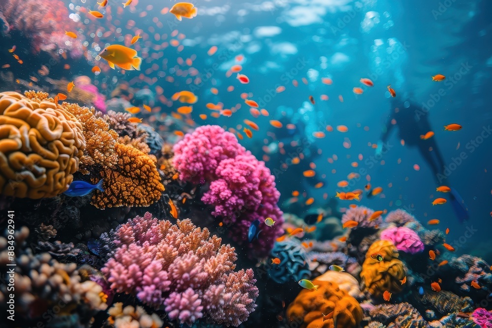 Fototapeta premium A vibrant underwater scene with colorful coral reefs, schools of fish, and a scuba diver exploring the marine life.