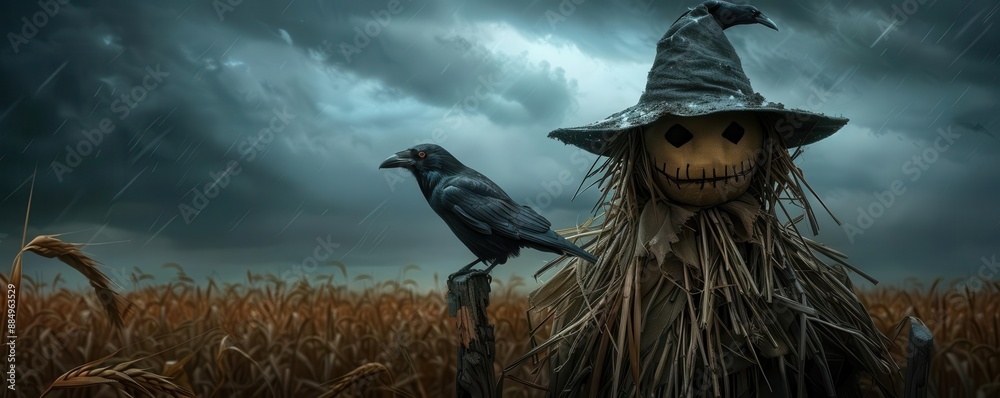 Obraz premium Spooky scarecrow with crow in a field under a stormy sky., Halloween