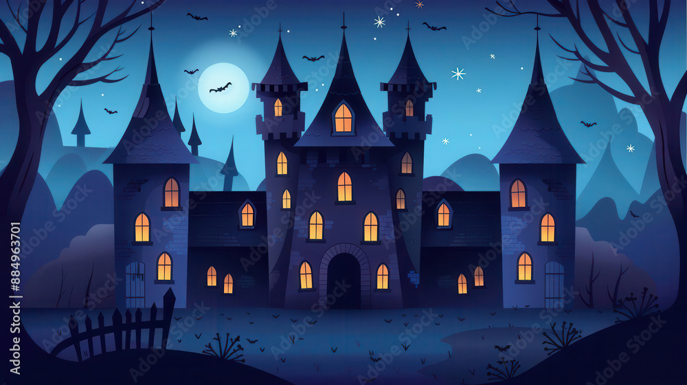 Flat design illustration of a haunted castle with dark towers, glowing windows, and a sense of impending doom Flat design illustration of a haunted castle with dark towers, glowing windows, and a sense of impending doom