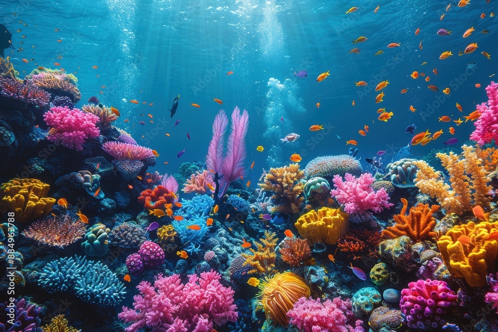 Obraz premium A vibrant underwater scene with colorful coral reefs, schools of fish, and a scuba diver exploring the marine life.