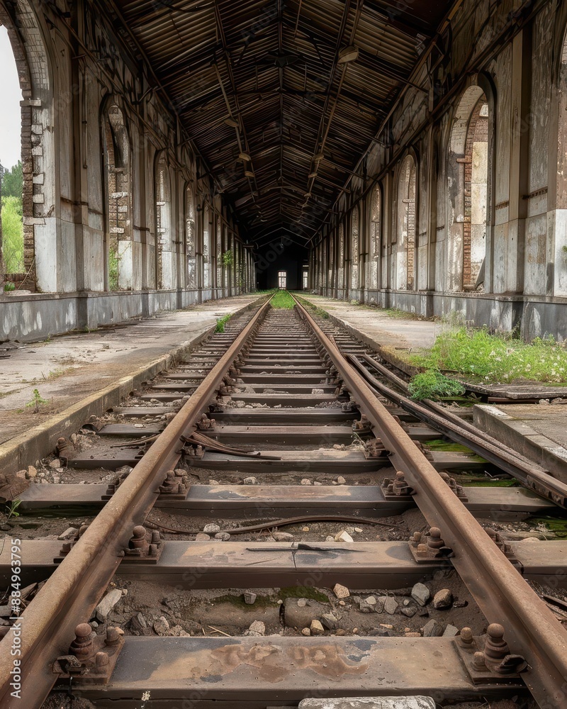 Photo of an eerie, abandoned train station with broken tracks and a sense of foreboding Photo of an eerie, abandoned train station with broken tracks and a sense of foreboding