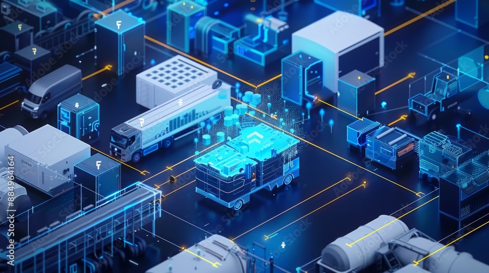 Fototapeta premium The Internet of Things IoT in manufacturing. Integration of connected devices to optimize production, maintenance, inventory, and other factory operations in the new era of Industry 4.0 
