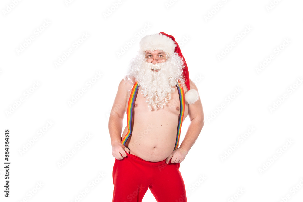 Fototapeta premium Christmas themed party. Funny Santa Claus posing on a white background.