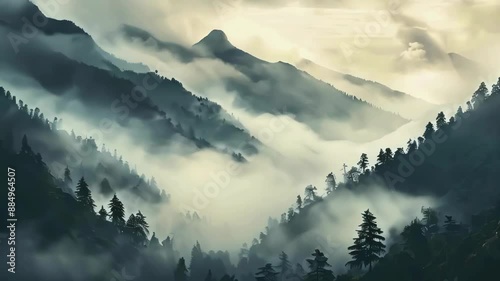Fog creeps over the pine forest during sunset. A cold dark forest. timelapse