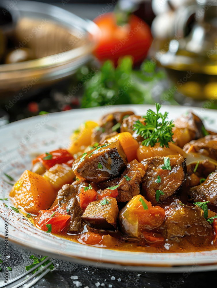 beef stew with eggplant. AI generative. beef stew with eggplant. AI generative.