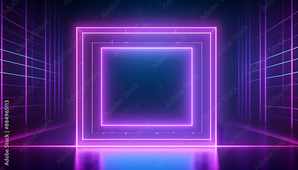 3D render, abstract geometric background bright purple neon frame with a square center dominates a dark and mysterious background mysterious square outlined in neon purple light sits in a dark room 3D render, abstract geometric background bright purple neon frame with a square center dominates a dark and mysterious background mysterious square outlined in neon purple light sits in a dark room