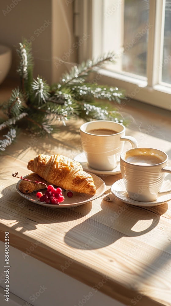 Crispy croissant and aromatic coffee on a wooden kitchen table with berries and a sprig of fir Crispy croissant and aromatic coffee on a wooden kitchen table with berries and a sprig of fir
