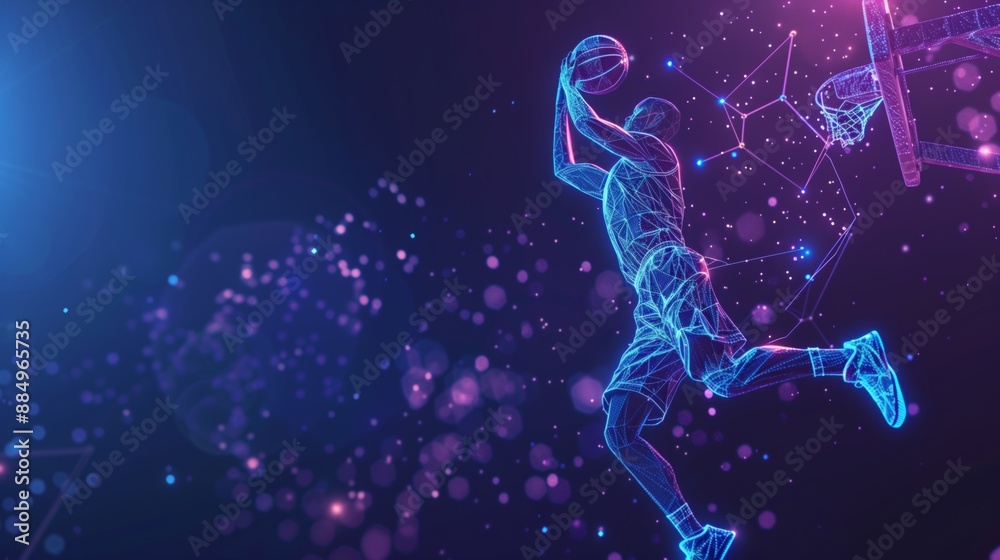 Abstract Polygonal Basketball Player in Mid-Action, Hitting the Ball with Neon Gradient Wireframe Cybernetic Particles Abstract Polygonal Basketball Player in Mid-Action, Hitting the Ball with Neon Gradient Wireframe Cybernetic Particles