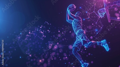 Abstract Polygonal Basketball Player in Mid-Action, Hitting the Ball with Neon Gradient Wireframe Cybernetic Particles