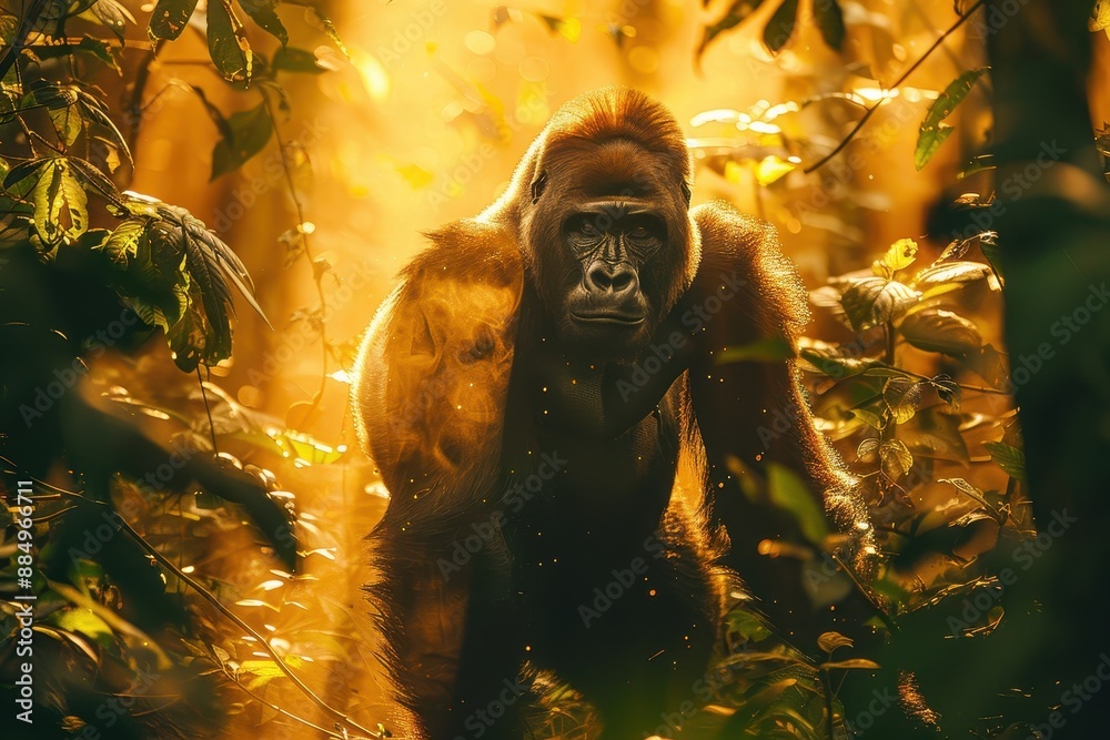 Obraz premium A western lowland gorilla walking through a tropical forest, its massive frame and dark, glossy fur highlighted by dappled sunlight filtering through the canopy.