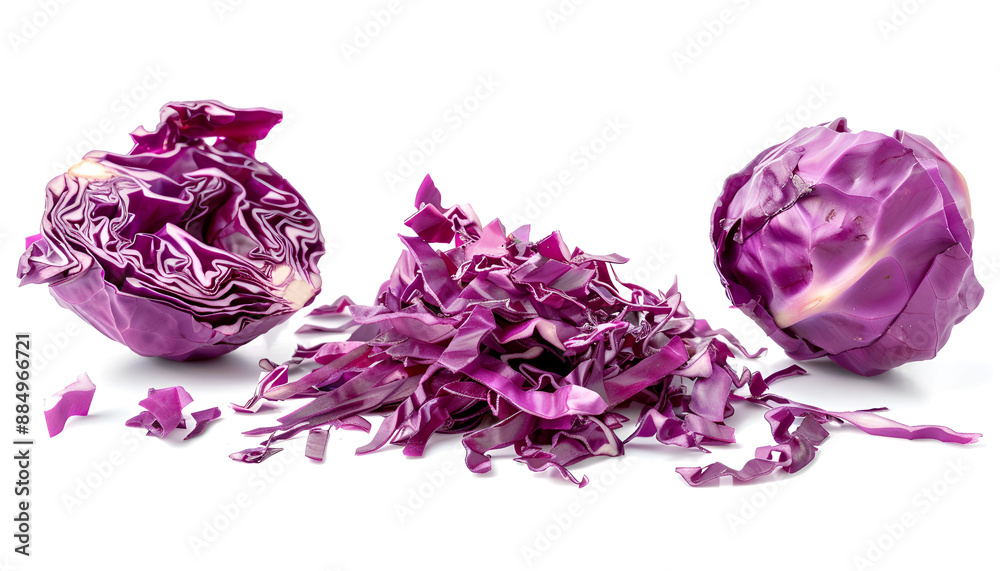 Collage with piles of shredded fresh red cabbage on white background Collage with piles of shredded fresh red cabbage on white background