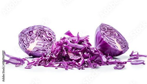 Collage with piles of shredded fresh red cabbage on white background