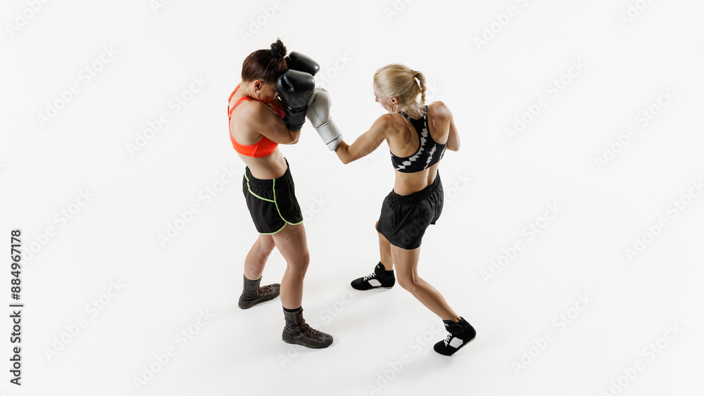 Fototapeta premium Overhead shot of two women engaging in competitive boxing session, athletic young women in motion isolated on white background. Concept of combat sport, martial arts, strength, endurance