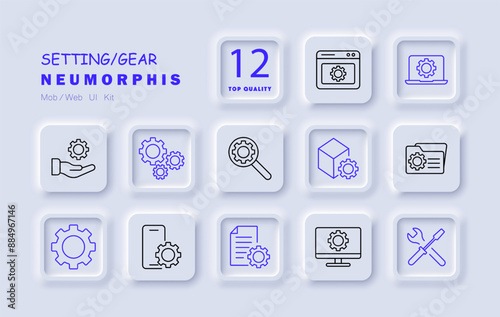 Setting gear set icon. Browser, laptop, smartphone, toolbox, wrench, file, configuration, management, repair, technical, service, control.