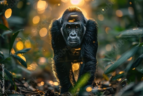 A western lowland gorilla walking through a tropical forest, its massive frame and dark, glossy fur highlighted by dappled sunlight filtering through the canopy.