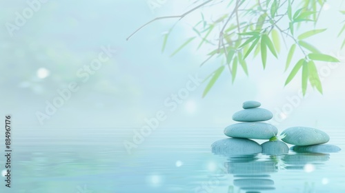 Zen composition with stacked stones, bamboo, and a soft green bokeh background, symbolizing balance and tranquility in a serene setting.