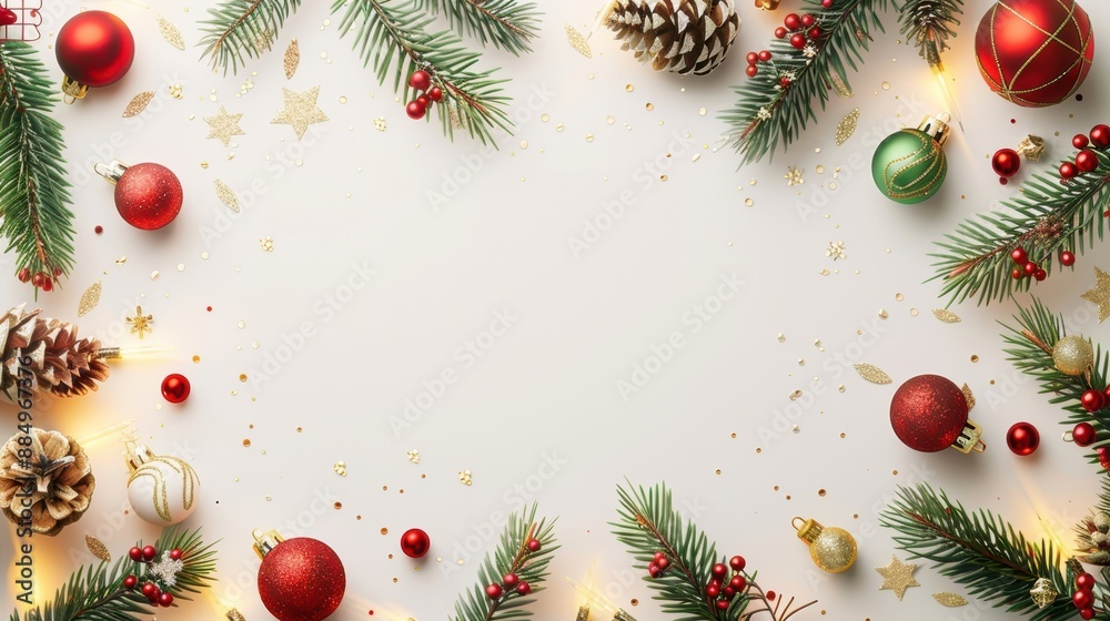 Festive Christmas border with pine branches, red and gold ornaments, pine cones, and berries on a white background. Concept of holiday decoration and celebration. Festive Christmas border with pine branches, red and gold ornaments, pine cones, and berries on a white background. Concept of holiday decoration and celebration.