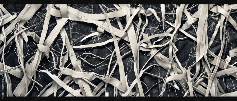 Panoramic close-up, high detail scan of shredded torn fabric texture, Generative AI Panoramic close-up, high detail scan of shredded torn fabric texture, Generative AI