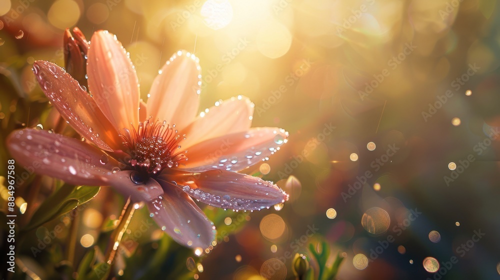 Delicate Pink Flower with Dew Drops in Sunlight Delicate Pink Flower with Dew Drops in Sunlight