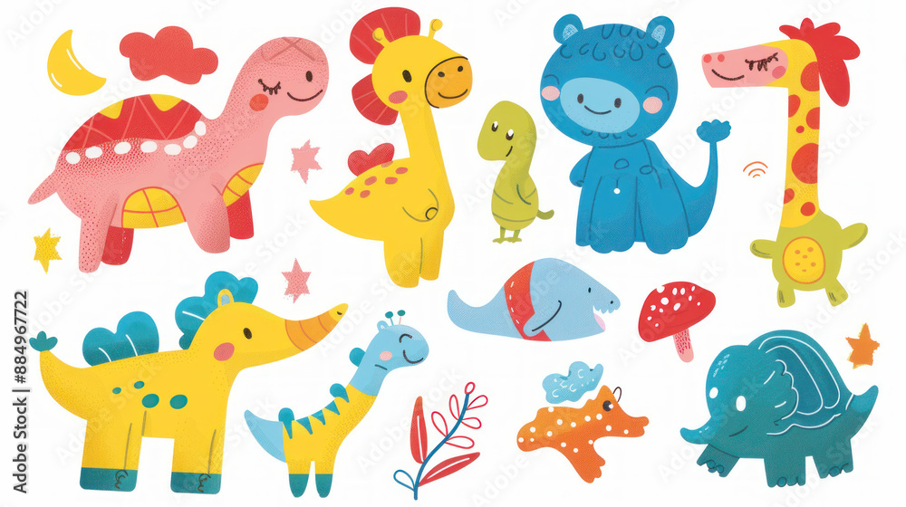 A collection of colorful kids' toys. There are drawings of fun cartoon characters. A collection of colorful kids' toys. There are drawings of fun cartoon characters.