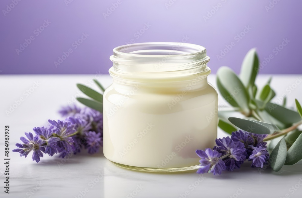 A close up of a jar with cosmetic cream and lavender flowers. beauty product showcase and presentation with copy space. Natural skin and hair care concept A close up of a jar with cosmetic cream and lavender flowers. beauty product showcase and presentation with copy space. Natural skin and hair care concept