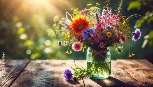 Fototapeta Naklejka Na Ścianę i Meble -  Summer Wildflowers in a Glass Jar on Wooden Table.
