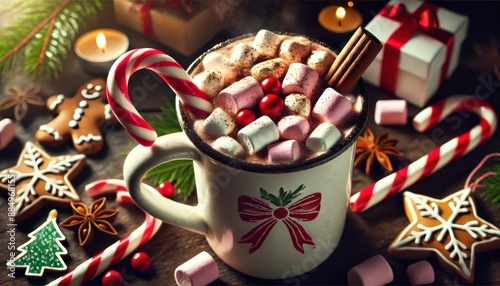 Cozy Christmas Hot Chocolate with Marshmallows and Candy Canes. © ProStockGallery