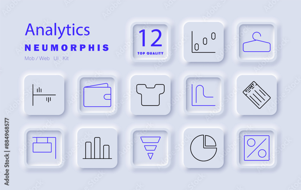 Analytics set icon. Bar chart, wallet, t-shirt, growth graph, ticket, funnel, pie chart, statistics, percentage, financial analysis.