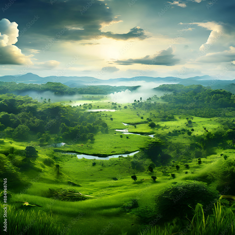 landscape with green field and blue sky