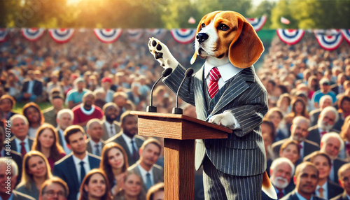 Dog in a suit giving a speech at a rally. photo