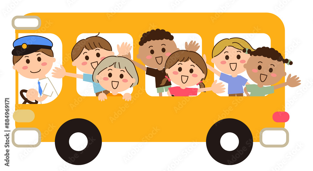 黄色のバスに乗る多国籍の子供たちと運転手 黄色のバスに乗る多国籍の子供たちと運転手